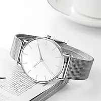 Наручные кварцевые часы Fashion Silver сетчатый ремешок минималистичные часики мужские/женские унисекс
