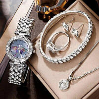 Подарочный женский набор наручные кварцевые часы Diamond Butterfly ожерелье, браслет, серьги и кольцо