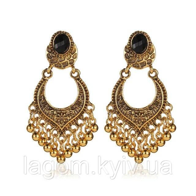 Жіночі сережки-кисті підвіски в етнічному стилі Indian Boho богемні модні золотисті сережки, фото 1