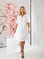 Женское летнее батальное платье ткань лен арт. 500 Белый, 48