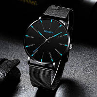Наручные часы Geneva Fashion Blue сетчатый ремешок минималистичные кварцевые часики мужские/женские (унисекс)