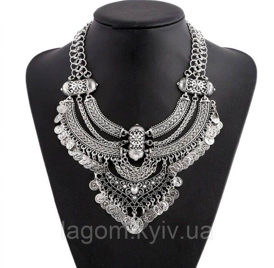 Богемне кольє-амулет етнічне масивне намисто оберіг з кристалами, ланцюжок-чокер, фото 1