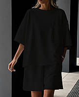 Женский спортивный костюм черный шорты и футболка оверсайз размеры 42-46,48-52