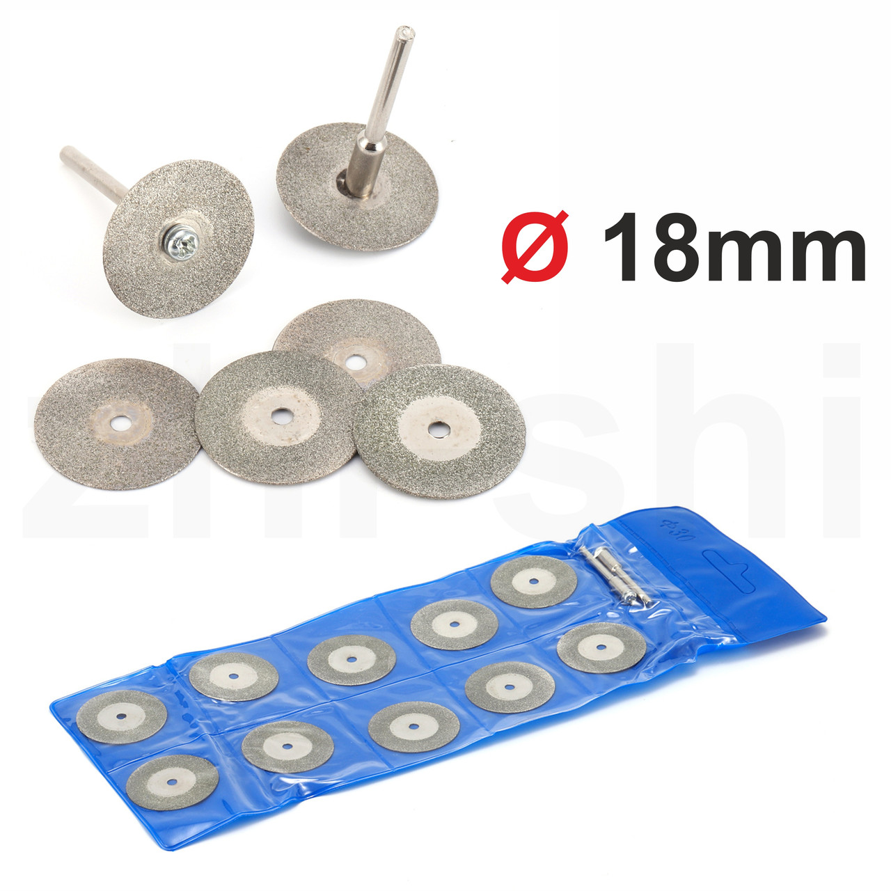 Алмазні відрізні диски Ø 18 мм | для гравера, дриля | 10 шт + 2 тримачі - L 37мм - Ø3мм