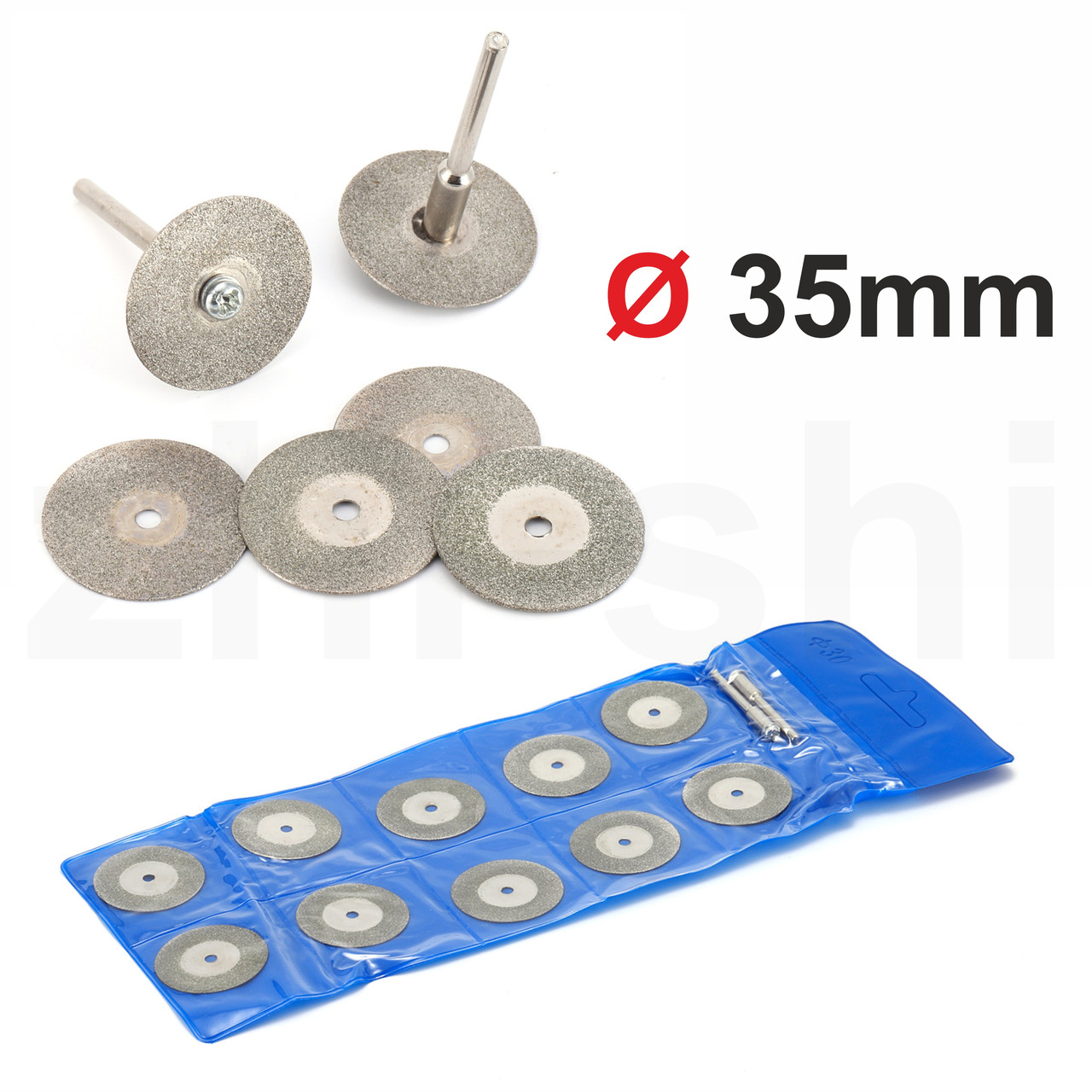 Алмазні відрізні диски Ø 35 мм | для гравера, дриля | 10 шт + 2 тримачі - L 37мм - Ø3мм, фото 1