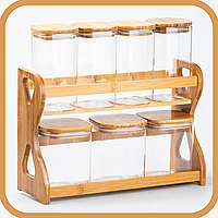 Баночки для сыпучих продуктов набор 7 шт с деревянной подставкой стеклянные емкости для хранения круп и сахара