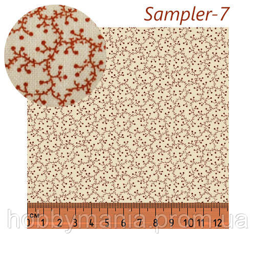 Тканина для печворку, 55*46см, дрібний рослинний малюнок. Бежеві, бордові тони. Колекція Sampler. sampler-7