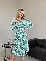 Жіноча міді сукня підкреслює талію розріз на ніжці софт біле-зелене біло-синє 42-44 46-48 50-52