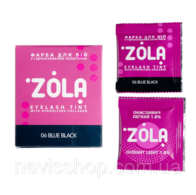Фарба для вій ZOLA Eyelash Tint 06 Bluish Black та окислювач 1,8% колір синьо-чорний, 2х5 мл
