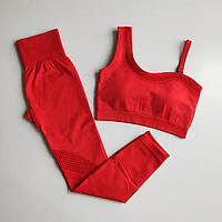 Спортивный костюм с перфорацией без пуш-ап (топ и леггинсы) красного цвета, размер S
