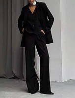 Женский костюм тройка пиджак с длинным рукавом и карманами жилет на пуговицах и свободные брюки 42-44 46-48 Черный, 42/44