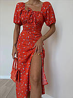Женское стильное легкое летнее красивое удобное базовое платье-миди в цветочек (черн, красный, голуб)