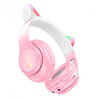 Новинка! Наушники Hoco W42 Cat Ear Bluetooth с кошачьими ушками и LED подсветкой Розовые с белым
