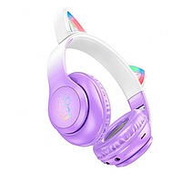 Новинка! Наушники Hoco W42 Cat Ear Bluetooth с кошачьими ушками и LED подсветкой Фиолетовые с белым