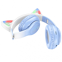 Новинка! Наушники Hoco W42 Cat Ear Bluetooth с кошачьими ушками и LED подсветкой Голубые с белым
