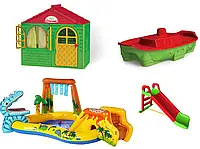 НАБОР Детский домик со шторками, детская горка, песочница ТМ Doloni и надувной комплекс INTEX
