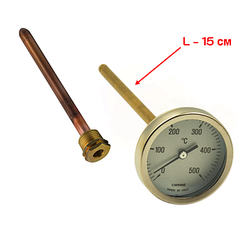 Термометр + 500 °C L — 15 см Cewal (Італія) з монтажною гільзою для печей, мангалів, барбекю зони, тандирів та ін.