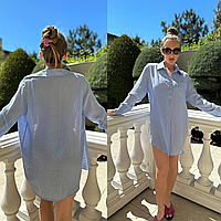 Женская пляжная рубашка туника короткая легкая с длинным рукавом полупрозрачная голубая