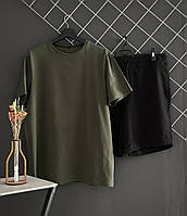 Мужской летний комплект шорты черные футболка хаки спортивный комплект на лето