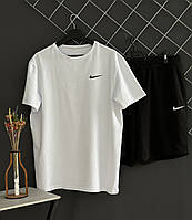 Мужской летний комплект Nike шорты черные футболка белая спортивный комплект Найк на лето