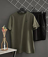 Мужской летний комплект Nike шорты черные футболка хаки спортивный комплект Найк на лето