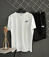Мужской летний комплект Puma шорты черные футболка белая спортивный комплект Пума на лето