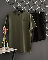 Мужской летний комплект Jordan шорты черные футболка хаки спортивный комплект Джордан на лето