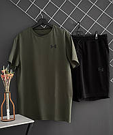 Мужской летний комплект Under Armour шорты черные футболка хаки спортивный комплект Андер Армор на лето