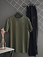 Мужской летний комплект Adidas черные штаны хаки футболка Адидас
