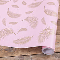 Подарочная бумага "золотые перья на розовом" 70см на метраж 1м