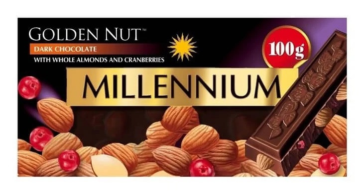 Чорний шоколад із цільним мигдалем і журавлиною Millenium Golden Nut 100 грамів, фото 1