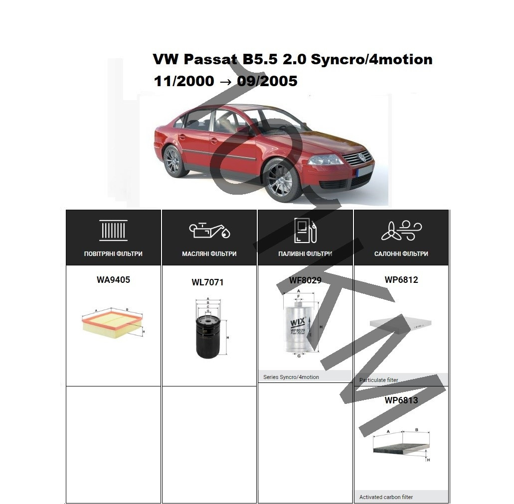 Комплект фільтрів VW Passat B5.5 2.0 Syncro/4motion (2000-2005) WIX, фото 1