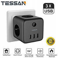 Дорожный адаптер TESSAN многорозеточный куб с 3 USB