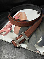 Hermes Leather Belt Brown/Silver 100 x 3 cм Женские ремни и пояса хорошее качество