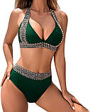 Жіночий пляжний роздільний купальник з чашками та високою посадкою у зеленому кольорі, фото 10