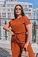 Жіночий костюм теракотового кольору штани з високою посадкою та блузка топ на резинці