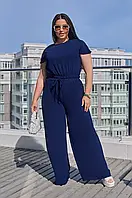 Летний женский костюм жатка синего цвета широкие брюки с высокой посадкой и блузка топ на резинке