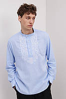 Мужская вышиванка "Гордей" голубой джинс, льняная рубашка в этно стиле