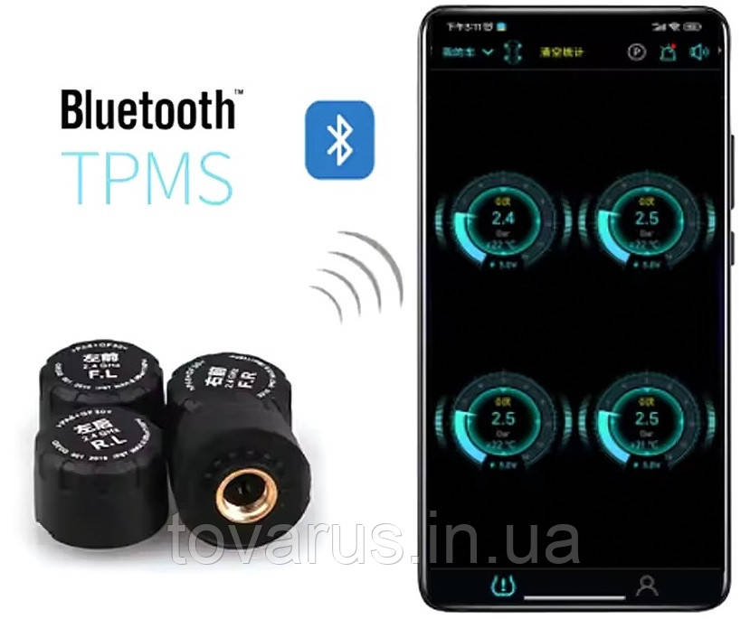 Зовнішні Bluetooth датчики TPMS тиску та температури у шинах. Керування з телефону