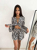 Женский милый костюм двойка, топ + шорты, 42/44, 44/46, черно-белый софт, принт зебра