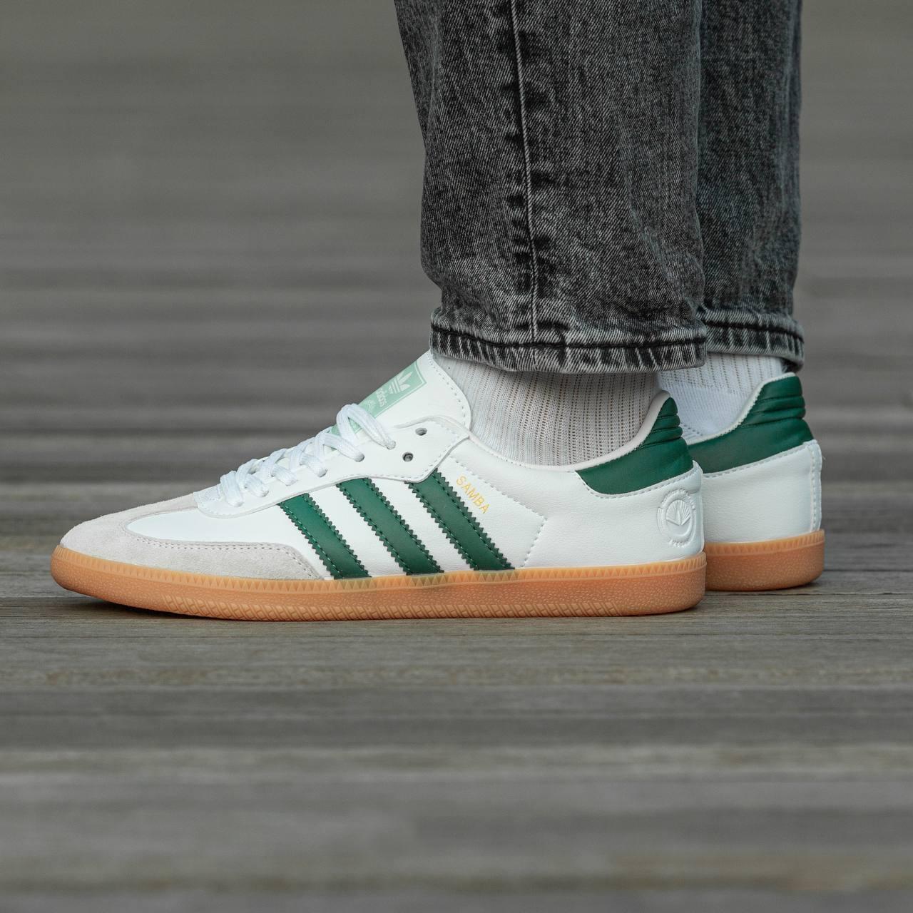 Чоловічі кросівки Adidas Samba шкіряні білі із зеленим Адідас Самба весняні