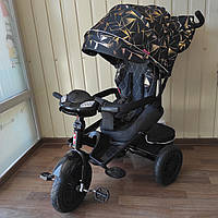 Детский трехколесный велосипед коляска с родительской ручкой поворотное сидение для детей музыка свет USB Черный 2