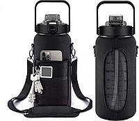 Черная,герметичная, спортивная бутылка в черном противоударном чехле, с соломинкой внутри. 2000 мл .