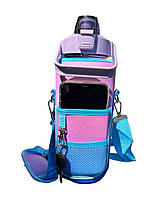 Фиолетовая,герметичная, спортивная бутылка в фиолетовом противоударном чехле, с соломинкой внутри. 2000 мл