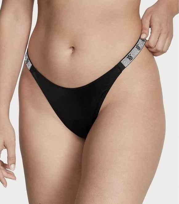 Гладенькі чорні трусики стрінги зі стразами Victoria’s Secret (Вікторія Сікрет), оригінал, фото 1
