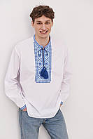 Вышиванка мужская "Устим" белая с синей вышивкой, вышитая рубашка с длинным рукавом