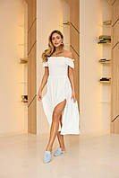 Женское идеальное романтическое легкое летнее платье миди резинка с коротким рукавом креп жатка с разрезом OS
