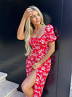 Красивое летнее женское платье миди с завязками на груди цветочный софт принт с коротким рукавом с разрезом OS 42, Красный