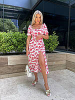 Красивое летнее женское платье миди с завязками на груди цветочный софт принт с коротким рукавом с разрезом OS 44, Белый+красный