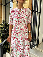 Красивое летнее женское платье миди с завязками на груди цветочный софт принт с рукавом три четверти OS 44, Белый2